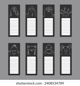 Bookmarks with cute monster set, Cartoon monsters sticker collection. Vector illustration