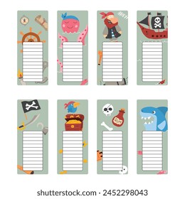 Bookmarks with cute Pirates items, Cartoon Pirate elements sticker collection. Vector illustration.