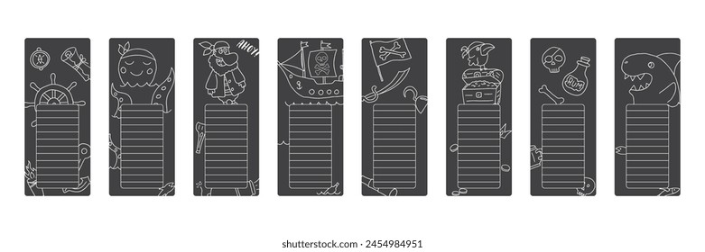 Bookmarks with cute Pirates items, Cartoon Pirate elements sticker collection. Vector illustration.