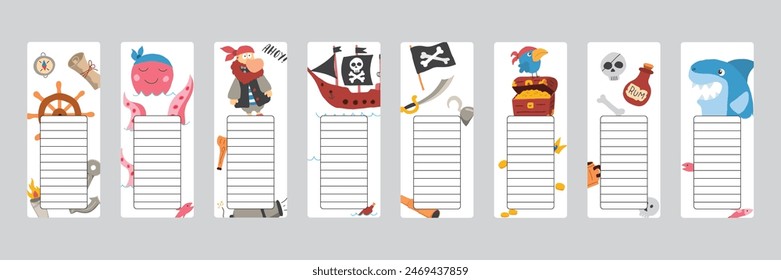 Marcadores con adorables artículos de Piratas, colección de pegatinas de Elementos Piratas de dibujos animados. Ilustración vectorial.