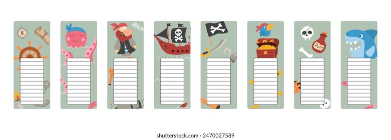 Bookmarks with cute Pirates items, Cartoon Pirate elements sticker collection. Vector illustration.