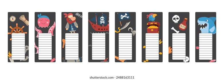 Bookmarks with cute Pirates items, Cartoon Pirate elements sticker collection. Vector illustration.