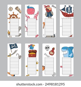 Bookmarks with cute Pirates items, Cartoon Pirate elements sticker collection. Vector illustration.