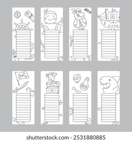 Bookmarks with cute Pirates items, Cartoon Pirate elements sticker collection. Vector illustration.