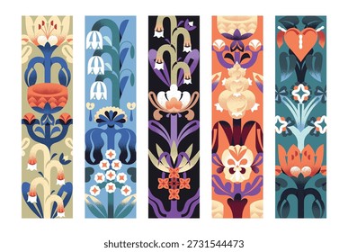 Marcadores diseños con flores abstractas. El libro marca diseños con flores silvestres con Formas simétricas e irregulares. Etiquetas Plantillas con plantas y hojas en flor. Ilustración vectorial plana