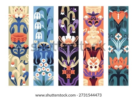Bookmarks designs with abstract flowers set. Book marks layouts with wildflowers with symmetrical and irregular shapes. Tags templates with blooming plants and leaves. Flat vector illustration