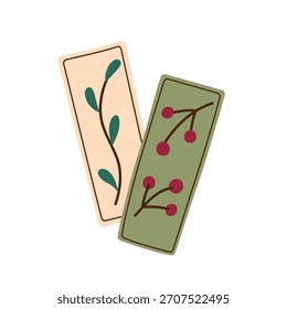 Bookmarks flat vector illustration with botanical ornament, reading theme, cute stationery accessories, leaves, flowers, plants, decorative elements, gift set, elegant doodles