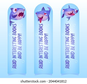 Bookmarks with funny shark character underwater in sea. Vector vertical banners with cartoon illustration of cute predator fish smiles, greeting, crazy and in love