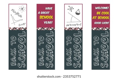 Bookmarks with lettering Back to school. Rose and dark green colors. Vector illustration.