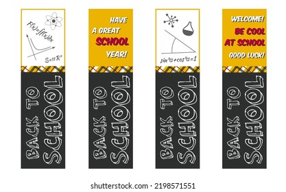 Bookmarks with lettering Back to school. Yellow and gray colors. Vector illustration.