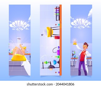 Bookmarks with man with flask in chemical laboratory. Vector vertical banners of education presentation of scientific research. Cartoon illustration of science lab for study and chemistry experiments
