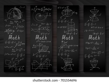 Bookmarks with mathematical formulas drawn by hand on a black chalkboard on a wooden background. School design by the first of September. Vector illustration.