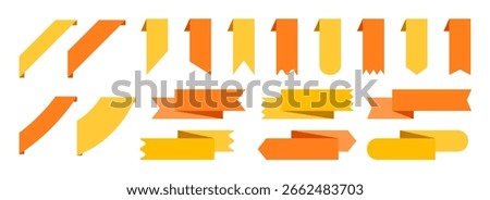 Bookmarks and ribbon banners set. Yellow and orange note and mark elements collection. Different labels and badges pack for promotion, product decoration, price tag, discount sticker. Vector bundle