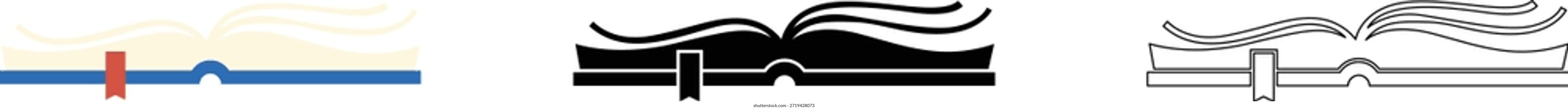Bookmarks with ribbons on opened books in various styles and colors for organization and decoration