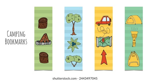 Bookmarks set with camping and travel elements. Adventure to nature. Colored doodle bookmarks for read isolated on white background. Hand drawn sketch in bright colors. Kids bookmarks for pint.