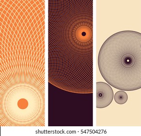 Bookmarks set with a guilloche spheres pattern in orange shades