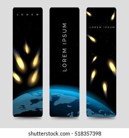 Bookmarks set with meteor shower and globe map vector