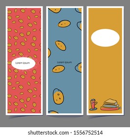 Bookmarks in sketch style. Hugge cards. Pattern of cookies on a red or blue background. Books and a cup of tea on mustard color. Contour of careless hand drawing. Design for print or vertical banner