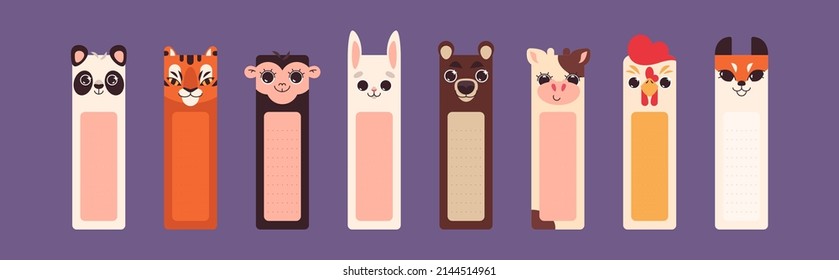 Bookmarks or stickers with cute square animal faces for children school book. Rectangular vertical paper sticky notes collection with funny head of wild and farm animals in flat style.