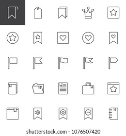 Bookmarks and tags outline icons set. linear style symbols collection, line signs pack. vector graphics. Set includes icons as Bookmark, Tag, Crown, Star, Heart, Flag, Folder, Book, Document Browser