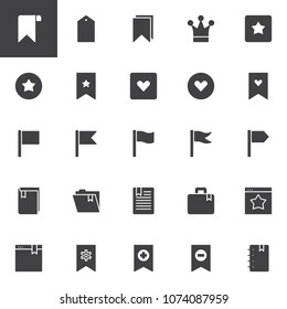 Bookmarks and tags vector icons set, modern solid symbol collection, filled style pictogram pack. Signs, logo illustration. Set includes icons as Bookmark, Tag, Crown, Star, Heart, Flag, Folder, Book