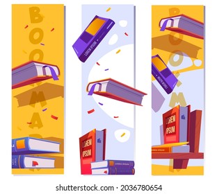 Bookmarks template for reading literature in school or library. Vector vertical banners with cartoon illustration of flying books with ribbons and stack on shelf