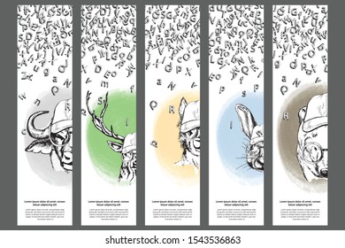 Bookmarks templates with different animals and letters. Modern sketch artwork on white background