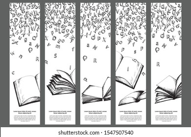 Bookmarks templates with letters and books. Sketch artwork on white background