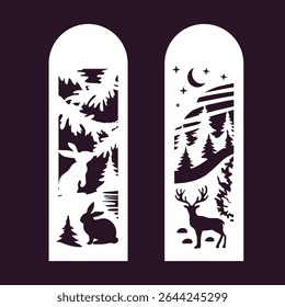 Bookmarks, vertical panels with carved hares and deer in the forest