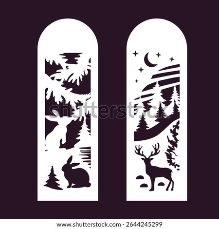Bookmarks, vertical panels with carved hares and deer in the forest