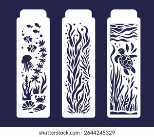 Bookmarks, vertical panels with cut-out algae, sea creatures and a turtle