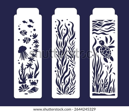 Bookmarks, vertical panels with cut-out algae, sea creatures and a turtle