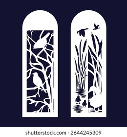 Bookmarks, vertical panels with a cut-out design. Birds on tree branches and a duck with ducklings in the reeds