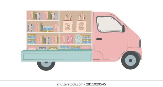 The Bookmobile. Vector flat illustration of a book van. Colorful clipart of a mobile book kiosk. Book stall, mobile bookstore, Bookshop. Isolated image. Van transformed into a mobile library, carrying