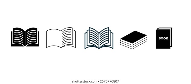 bookopen book icon set vector. Books open, closed black icons set on white. Literature, publishing house, library pictograms collection. Reading festival, club logos.