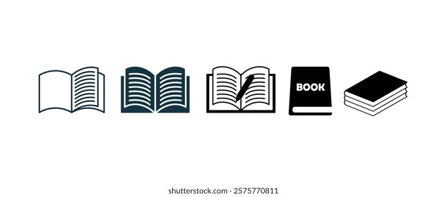 bookopen book icon set vector. Books open, closed black icons set on white. Literature, publishing house, library pictograms collection. Reading festival, club logos.