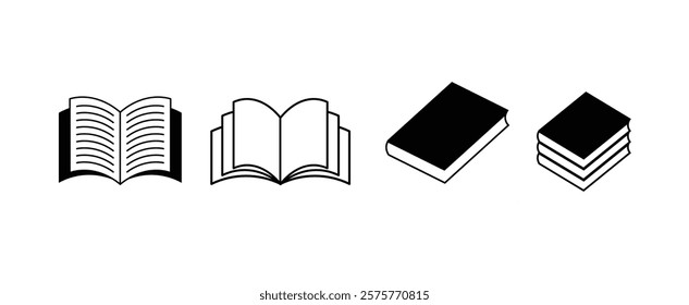 bookopen book icon set vector. Books open, closed black icons set on white. Literature, publishing house, library pictograms collection. Reading festival, club logos.