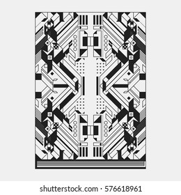 Book/poster/magazine cover design template with abstract symmetric elements. Style of modern art and graffiti.