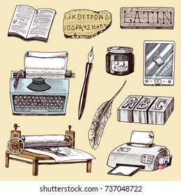 Book-printing typography publishing-house history hand drawn typewriter work industry tools vector illustration.