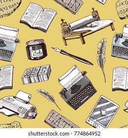 Book-printing typography writer author vector publishing house history hand drawn typewriter work books industry tools pen, print machine, feather, letters equipment seamless pattern background