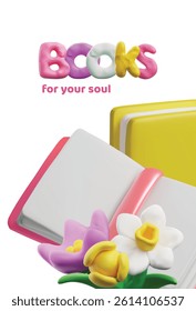 Books 3D style vector poster design with flowers. Render books, textbooks, literature, dictionaries and encyclopedias. Library for your soul. Education shop. Cartoon booklover concept