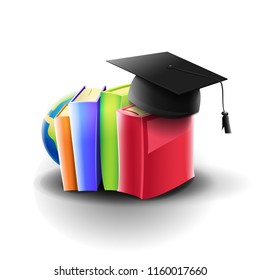 Books and academic material: books and university hat on white background. Vector