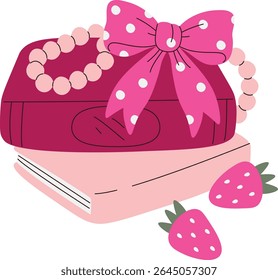 Books adorned with a large bow and scattered strawberries in a playful cartoon style. A stack of books with a polka dot ribbon and strawberries creates a charming scene. Cartoon vector illustration.