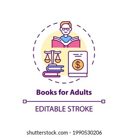 Books for adults concept icon. Online library categories idea thin line illustration. Imaginative literature. Scientific texts. Vector isolated outline RGB color drawing. Editable stroke