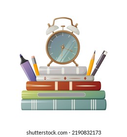 Books, alarm clock and stationery. Items for school, education. Vector illustration, cartoon style