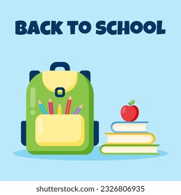 Books and apple and  backpack. School design. Vector illustration. Back to school background