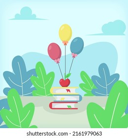 Books with An Apple and Balloons Flat Illustration Design Concept EPS10 great to illustrate books with an apple and balloons, education, knowledge, power of knowledge, intelligence, and many more