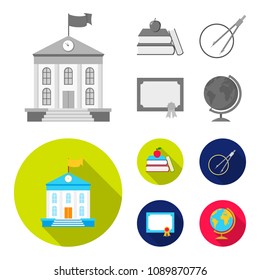 Books, an apple, a compass with a circle, a diploma with a seal, a globe. School set collection icons in monochrome,flat style vector symbol stock illustration web.