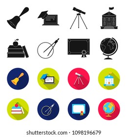 Books, an apple, a compass with a circle, a diploma with a seal, a globe. School set collection icons in black,flet style vector symbol stock illustration web.
