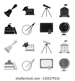 Books, an apple, a compass with a circle, a diploma with a seal, a globe. School set collection icons in black,monochrome style vector symbol stock illustration web.